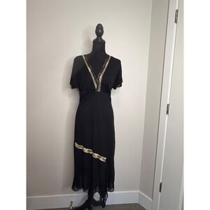 Vintage Renee Bardot Black Gold Lace V-Neck Midi Dress Handkerchief Hem Womens M